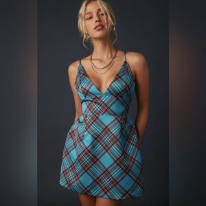 Urban Outfitters Turquoise Plaid Strappy Mini Dress